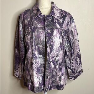 Chico's Purple and White Snake Print Jean Jacket